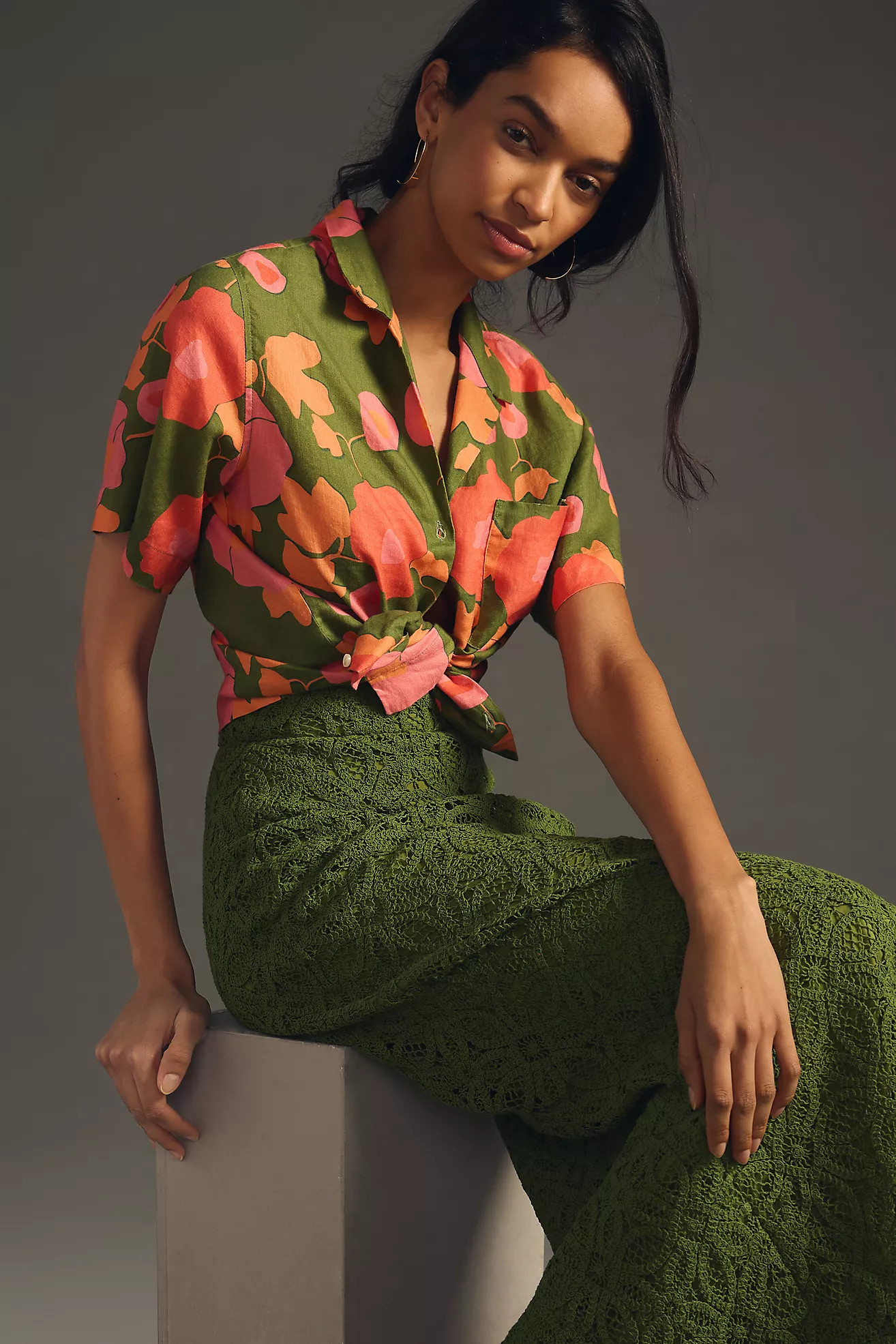 Birds of Paradis by Trovata Papaya Bloom Linen Nico Shirt | Anthropologie (US)