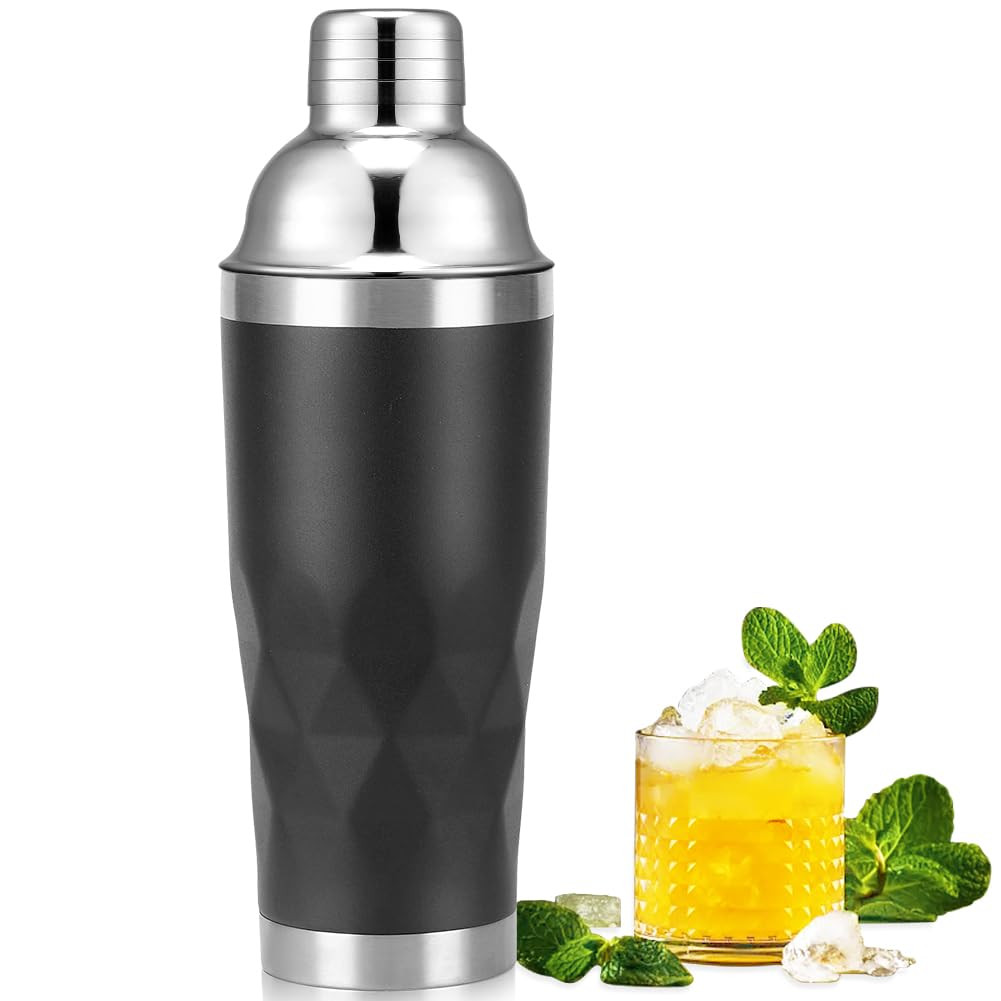 Insulated Cocktail Shaker Black -20oz Double Wall Vacuum Stainless Steel Martini Shaker with Buil... | Amazon (US)