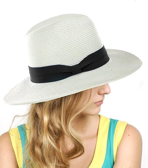 Lightweight Solid Color Panama Fedora Sun Hat, White/Black | Amazon (US)