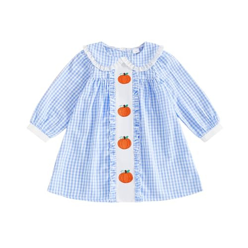 Toddler Baby Girl Halloween Dress Smocked Pumpkin Outfit Long Sleeve A-line Doll Collar Fall Dresses for Kids (Blue Plaid, 2-3 Years) | Amazon (US)