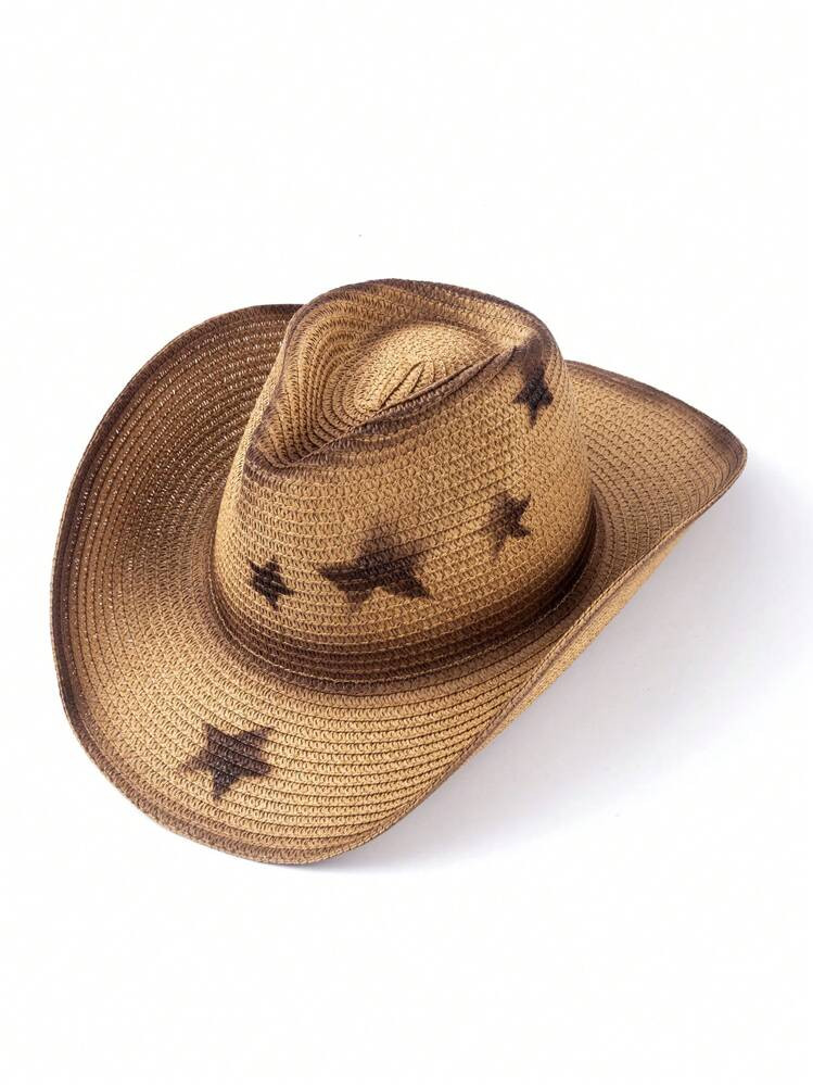 1pc Bohemian Star Retro Pattern Cowboy Straw Hat, Solid Color, Unisex, Fashionable & Versatile, Suitable For All Seasons, With Wind Rope Design | SHEIN