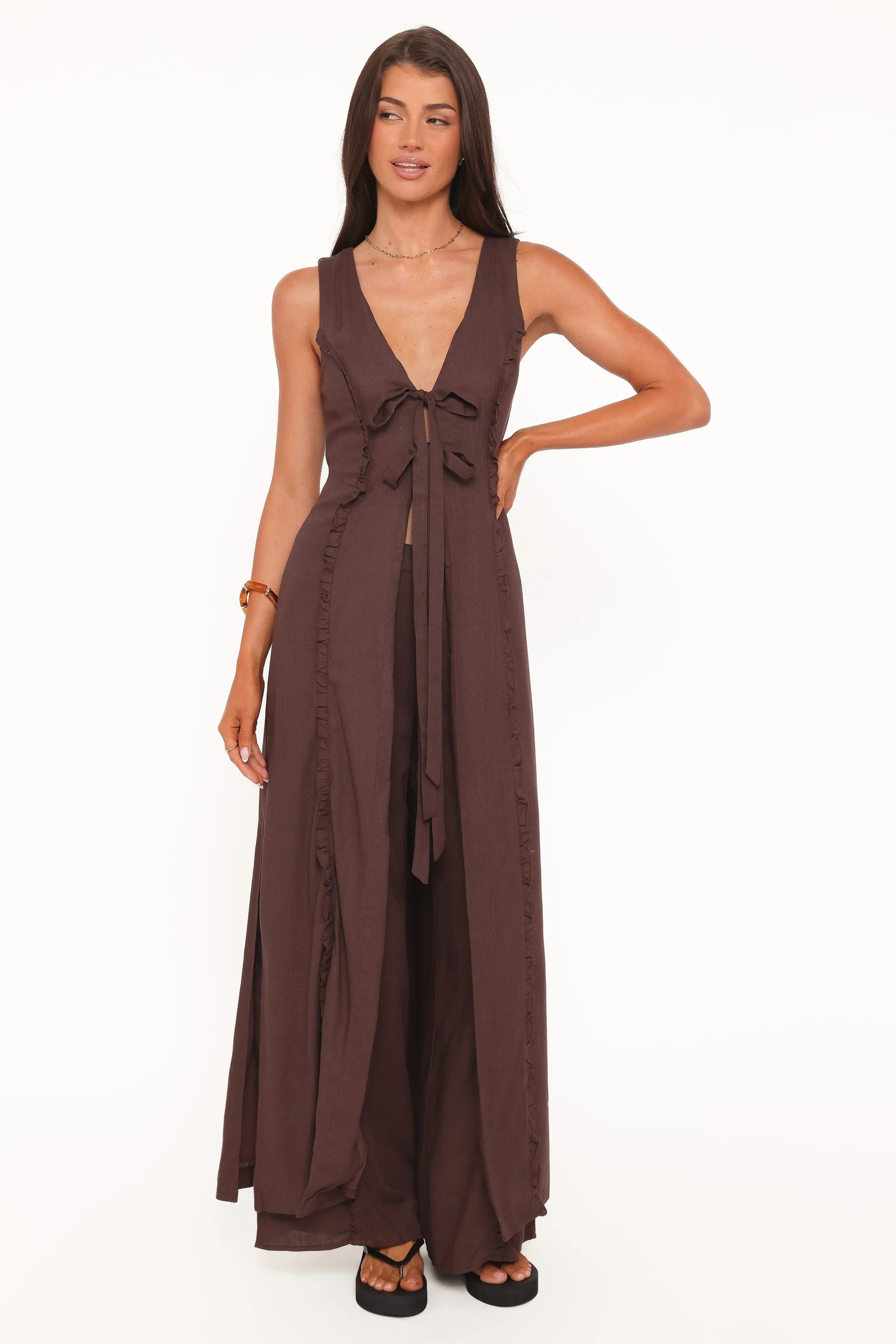 Sasha Frill Tie Front Top - Dark Brown | Petal & Pup (US)