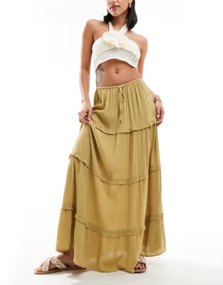 Miss Selfridge crinkle tiered prairie maxi skirt in neutral | ASOS (Global)