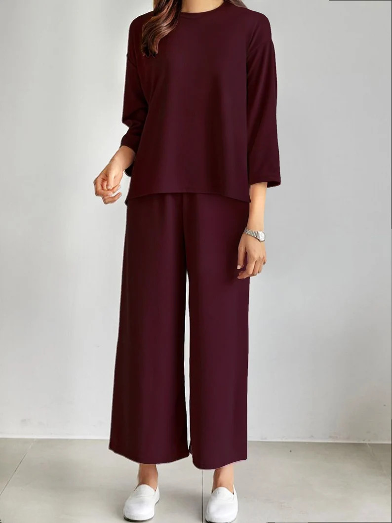 NEW 4 COLORS / 2pc-set Soft Loungewear Gray Black Red Purple Long Sleeve Casual Wear Top Bottom P... | Etsy (US)