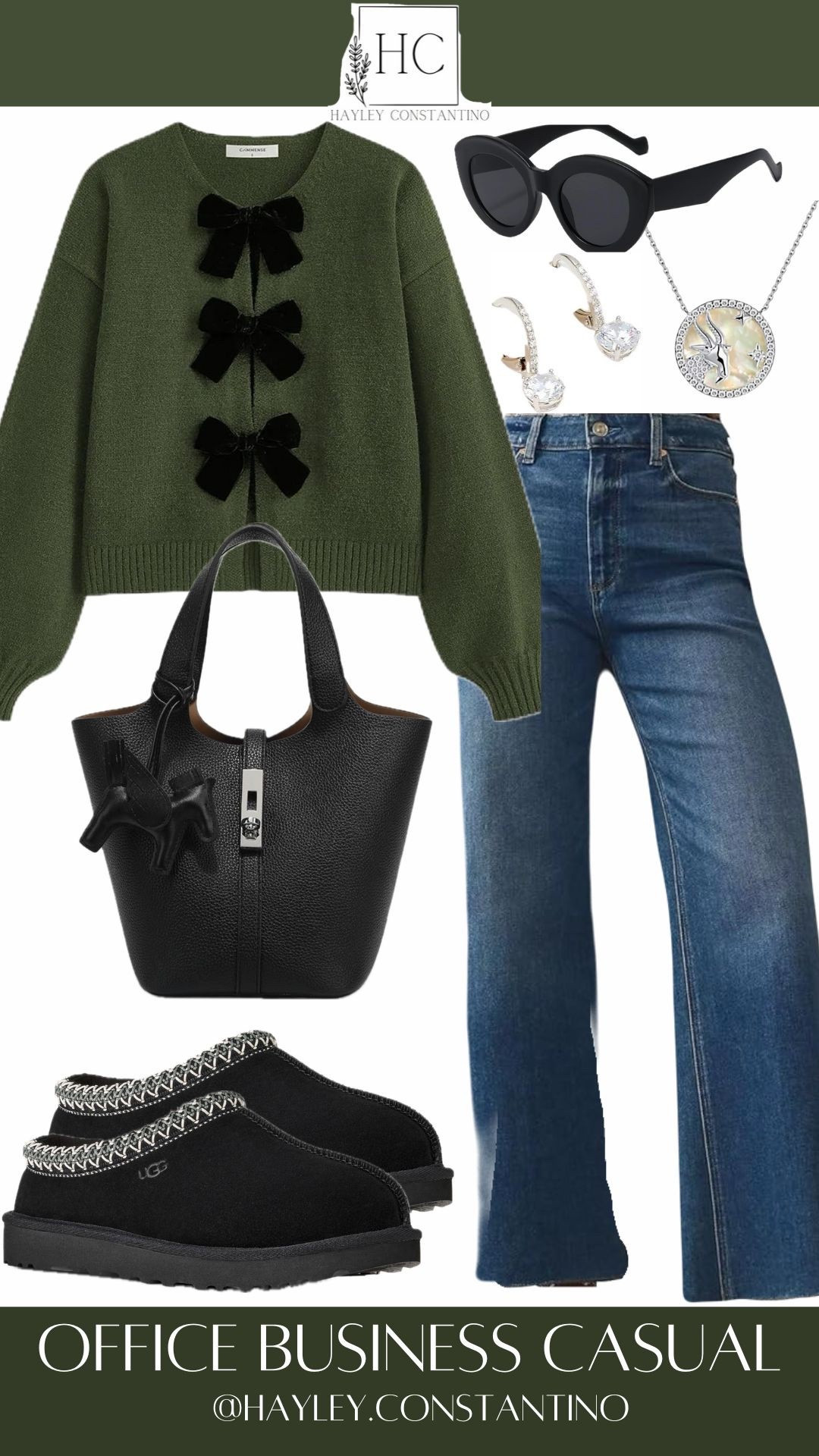 Office Business Casual outfit
Green Sweater with black bows
Tote bag
Black uggs
Jeans 

#LTKOver40 #LTKootd #LTKmomlife