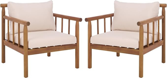 SAFAVIEH Outdoor Patio Furniture Collection - Cardori Teak Solid Wood Accent Chairs, Cushioned Mo... | Amazon (US)