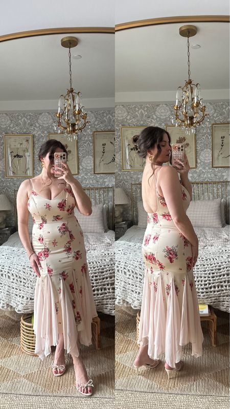 Love this floral cocktail dress from petal and pup. The exposed is beautiful while still feeling supported in the dress! Wearing size L