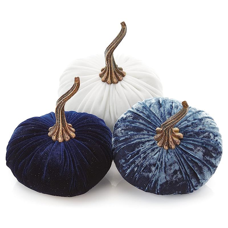 Large Velvet Pumpkins Set of 3 Includes Luxe Indigo, Navy and Ivory, Handmade Home Decor, Holiday... | Amazon (US)