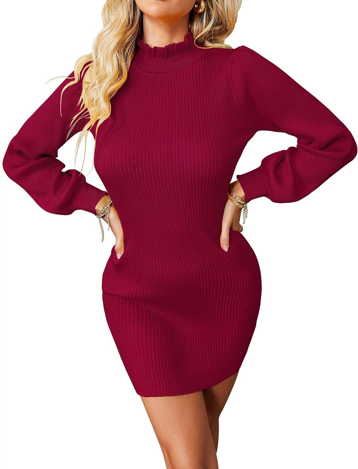 ZHENWEI Women's Turtleneck Sweater Dress Long Puff Sleeve Ribbed Knit Bodycon Mini Sweater Dress ... | Amazon (US)