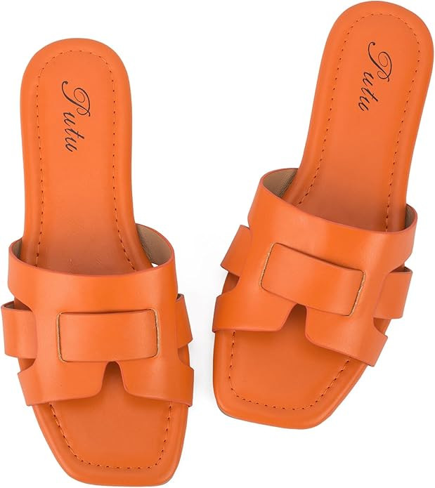 Putu Women's Flat Sandals Dressy Summer Sandals Strappy Slides with Square Open Toe | Amazon (US)
