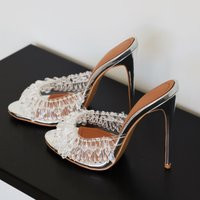 Fashion Rhinestone Fringe Clear Drip Open Toe Mules Silver Metallic Leather Slip On High Heels Summer Dress Shoes | AliExpress (US)
