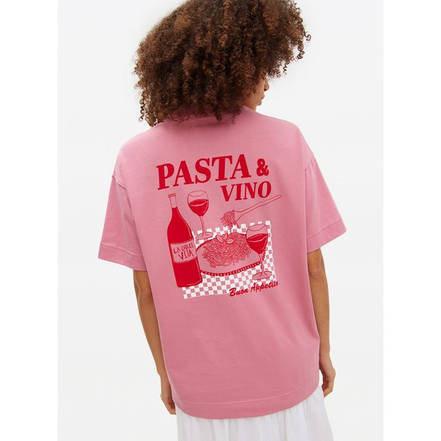 Pink Pasta & Vino Graphic Oversized T-Shirt XS | Tu Clothing