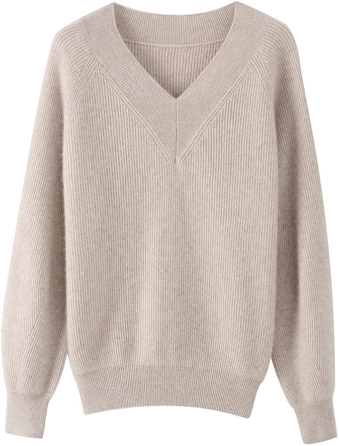 Women's Cashmere and Merino Wool Blend V Neck Sweater Lightweight Knit Sweater | Amazon (US)