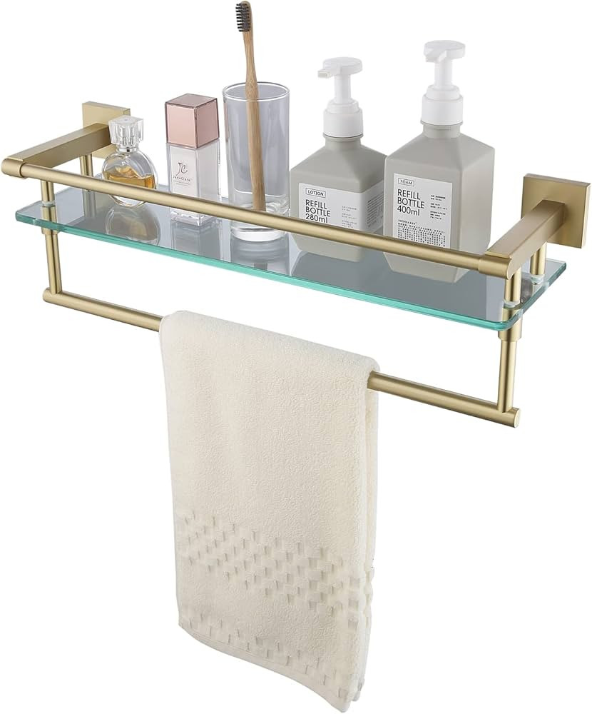 KOKOSIRI Bathroom Shelves with Towel Holder Rustproof 20'' Bathroom Tempered Glass Shelf with Rai... | Amazon (US)