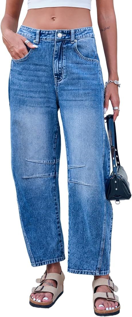 GREAIDEA Mid Rise Barrel Jeans for Women Wide Leg Mid Waist Cropped Denim Pants Y2k Baggy Boyfriend Jeans with Pockets | Amazon (US)