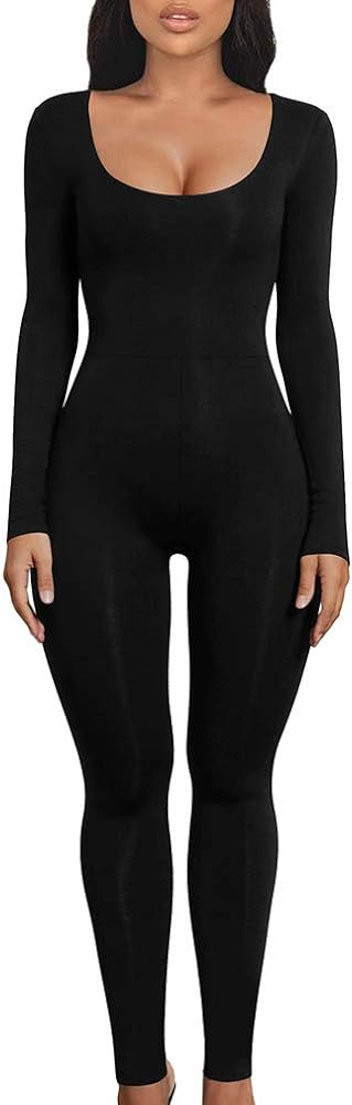 LAGSHIAN Women's Sexy Bodycon Long Sleeve Scoop Neck One Piece Jumpsuit Romper | Amazon (US)