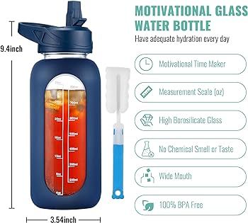 TRACK HYDRATION AND TIME MARKER DESIGN: The glass water bottle comes with time markers and exact ... | Amazon (US)