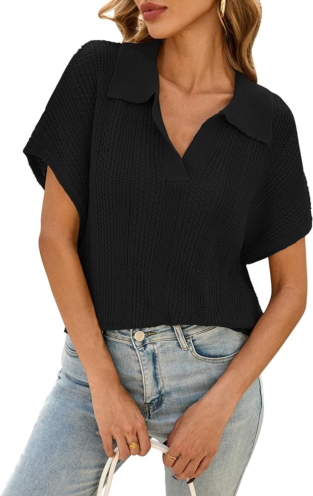 Cakulo Womens Short Sleeve Sweaters Tops Spring Summer 2026 Polo V Neck Collared Crochet Knit Vac... | Amazon (US)