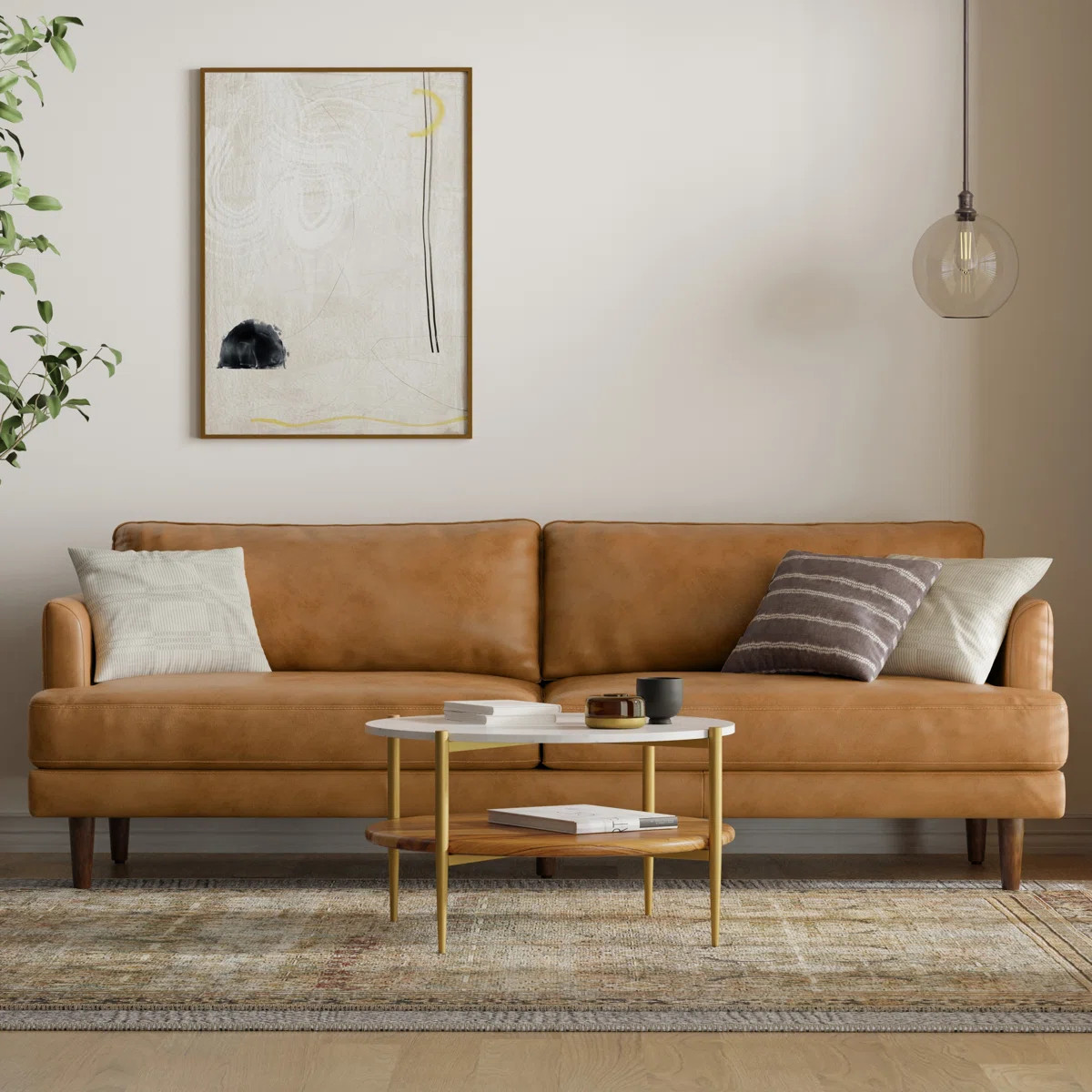 Livingston Top Grain Genuine Leather Mid-Century Modern Sofa With Solid Wood Frame For Living Roo... | Wayfair North America