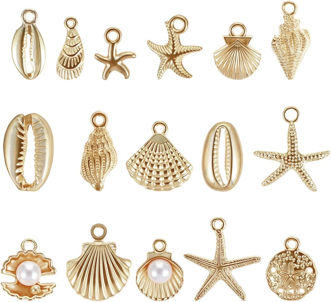 16Pcs Beach Charms, Summer Pendant Starfish Seashells Conches Ocean Charms for Jewelry Making, Al... | Amazon (US)