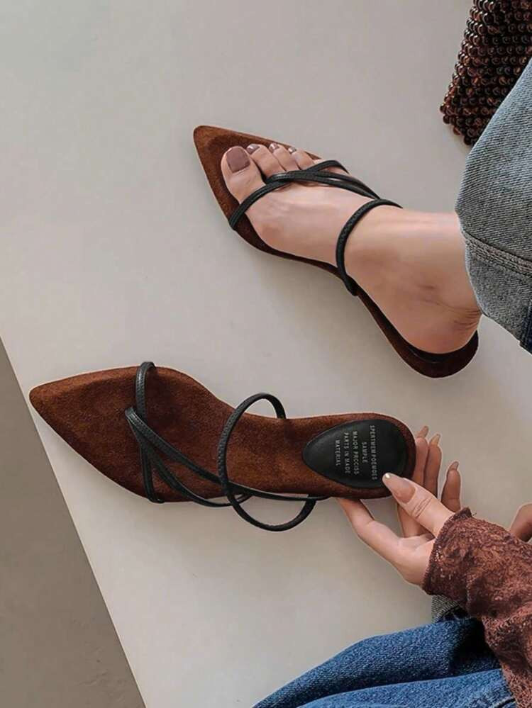 2025 French Leather Pointed Toe Wedge Heel Fashionable Minimalist Strap Elegant High Heel Sandals For Women,Kitten Heels,Spring Summer Outfits | SHEIN