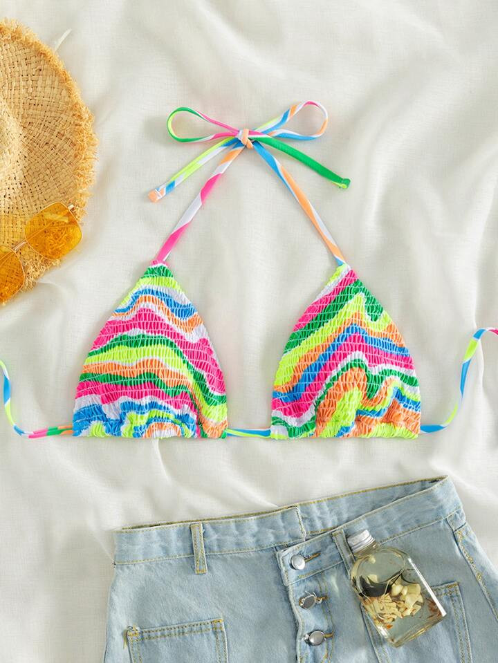 Striped Smocked Halter Triangle Bikini Top | SHEIN