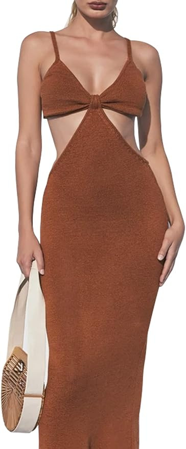 Womens Sexy V-Neck Maxi Crochet Knit Dress, Cutouts Sleeveless Long Dresses Summer Outfits | Amazon (US)