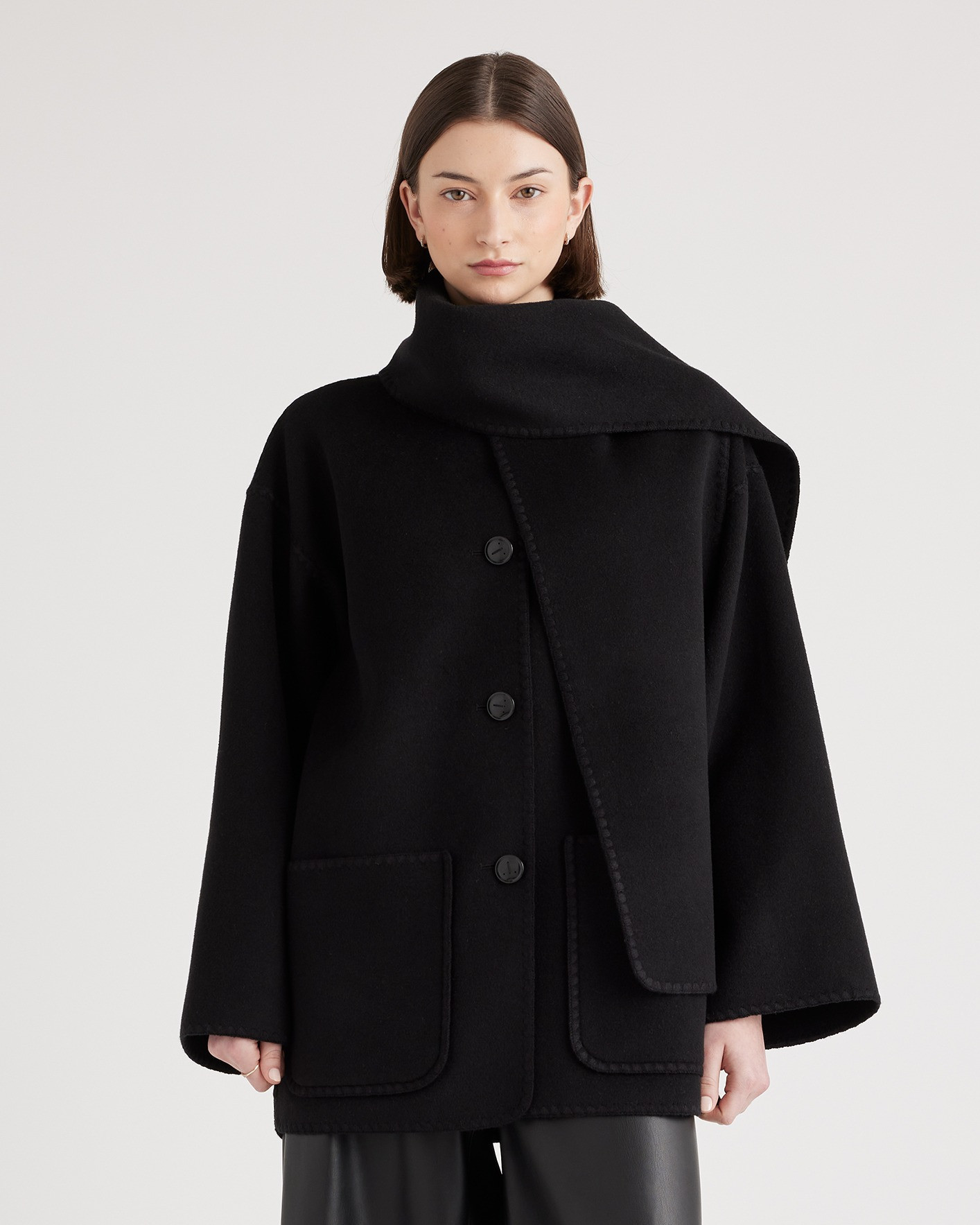 Quince | Women's Double-Faced Merino Wool Scarf Coat in Black, Size Small | Quince
