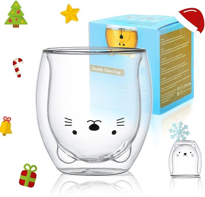 Cat Mug Cute Mugs Glass Double Wall Insulated Glass Espresso Cup, Kawaii Cup, Coffee Cup, Tea Cup... | Amazon (US)