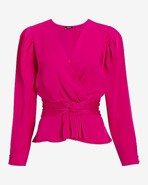 Satin V-Neck Twist Front Peplum Top | Express