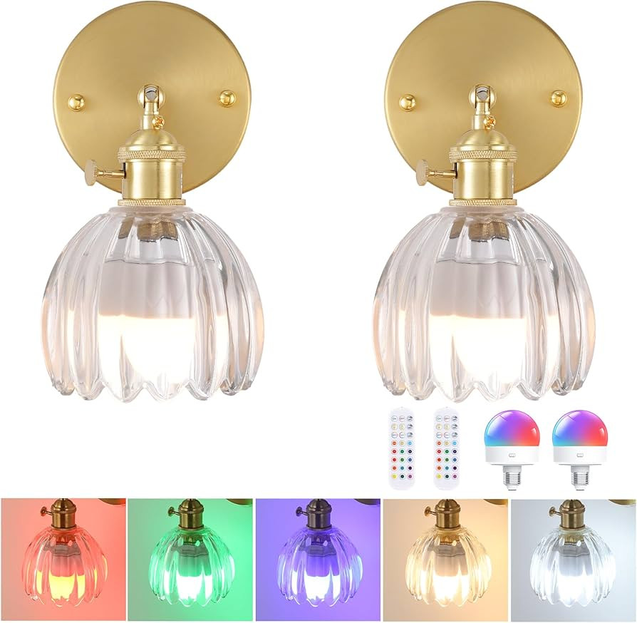 Vintage Battery Operated Wall Sconce with Transparent Tulip Glass Lampshade Wireless Rechargeable... | Amazon (US)