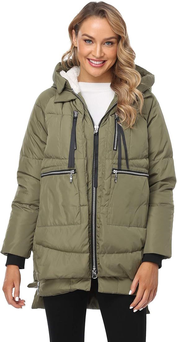Amazon.com: FADSHOW Women's Winter Thickened Down Jackets Long Down Coats Warm Parka with Hood,Ar... | Amazon (US)