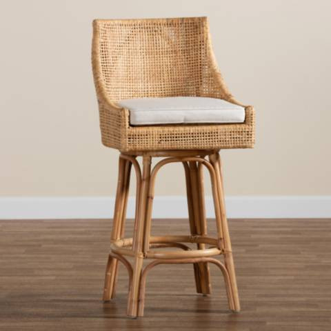 Baxton Studio Bella 30" Natural Brown Rattan Swivel Bar Stool | Lamps Plus