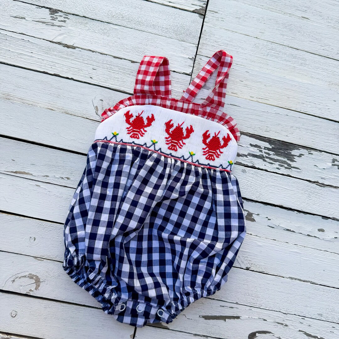 Vintage Blue White & Red Summer Baby Bubble Romper with Lobster Pattern Smocked Chest | Vintage B... | Etsy (US)