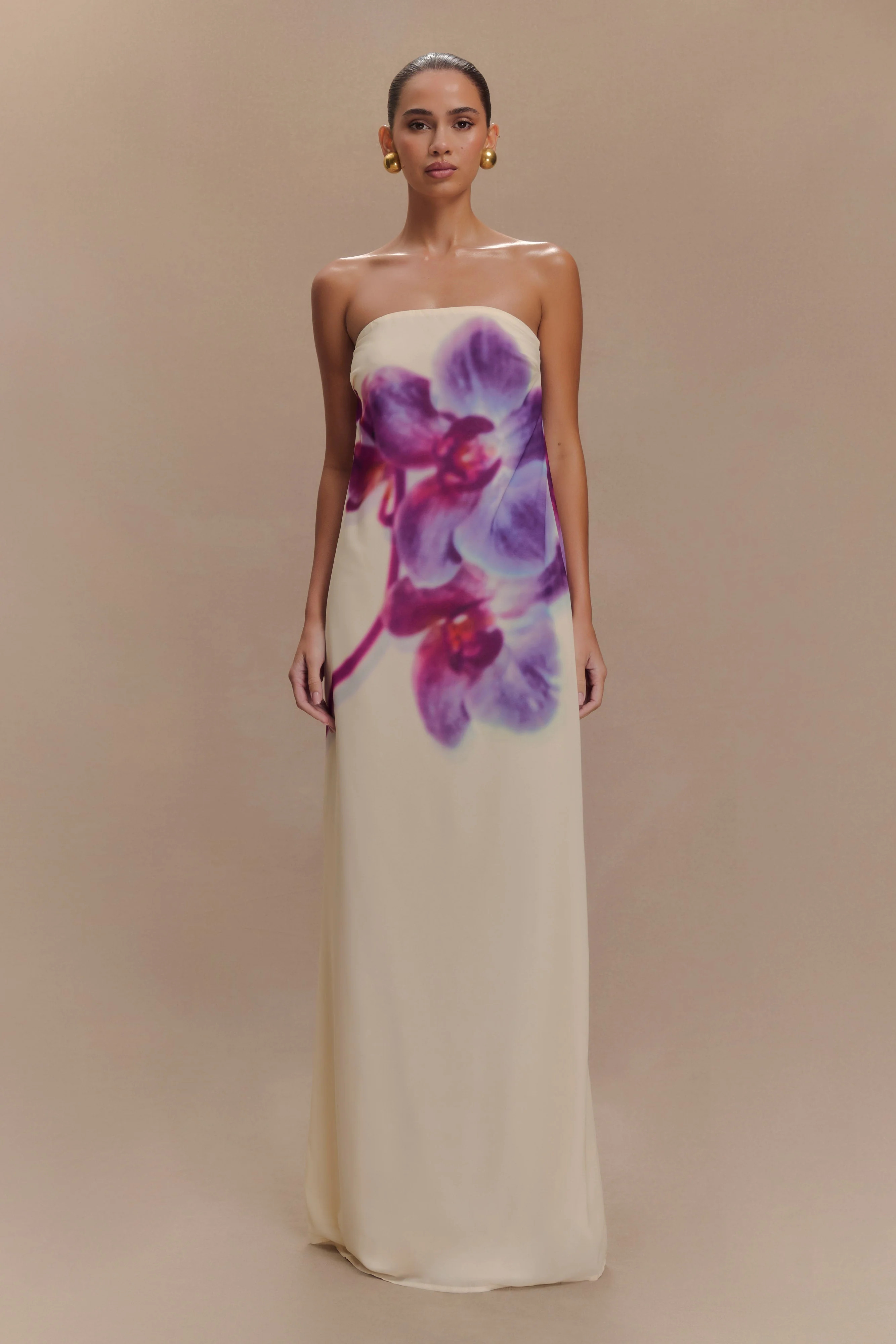 Amaya Strapless Chiffon Maxi Dress - Ivory Koi Orchid Print | MESHKI US