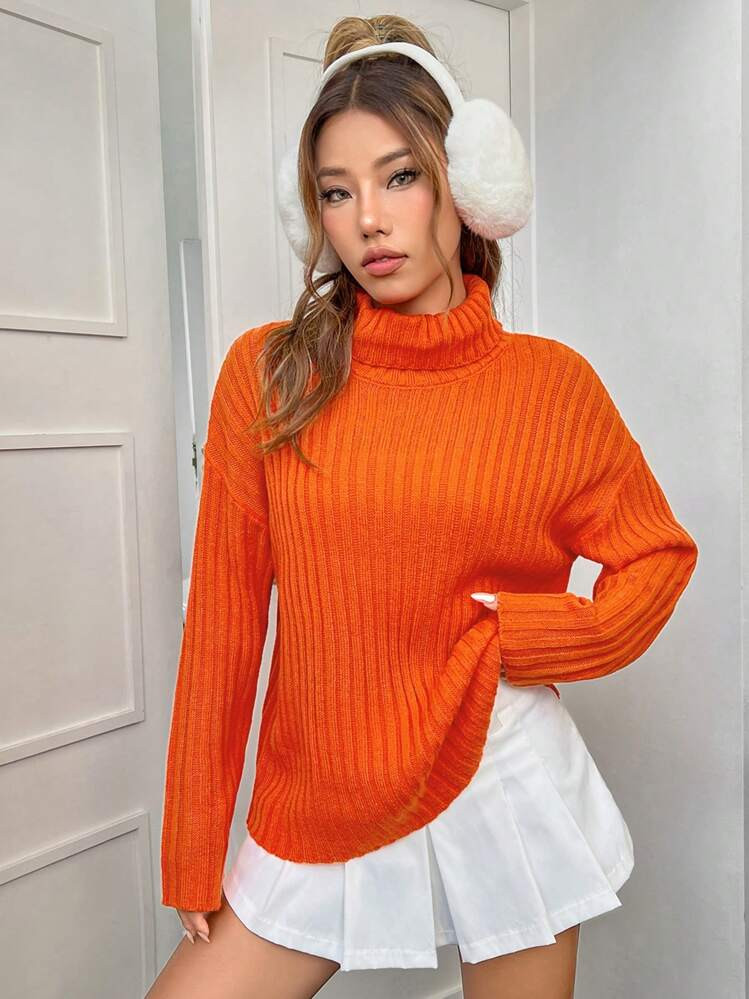 SHEIN EZwear Turtleneck Drop Shoulder Sweater In Fall/Winter | SHEIN