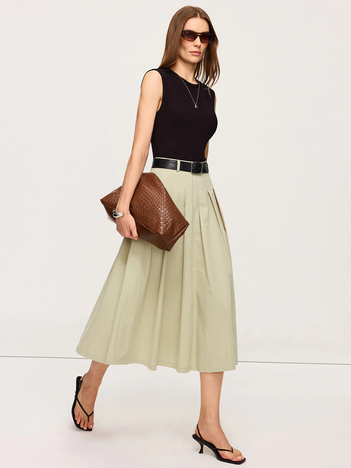Belted Pleated Two-Tone Midi Dresses | Commense