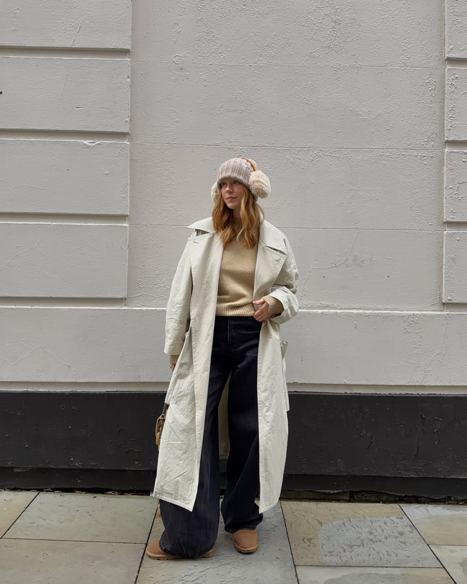 Ear Muffs, Beanie, Wool Hat, Trench Coat, Beige Coat, Black Jeans, Barrel Leg Jeans, Uggs, Fur Boots 

#LTKeurope #LTKuk #LTKwinter
