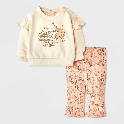 Baby Girls' 2pc Disney Winnie The Pooh Fleece Sweatshirt and Ribbed Pants Set - Beige 18M | Target