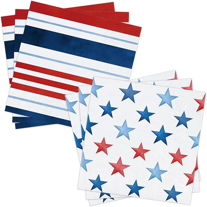 NatNarr 50 Pcs Patriotic Napkins, 6.5inch Watercolor Red Blue American Flag Stars Cocktail Napkin... | Amazon (US)