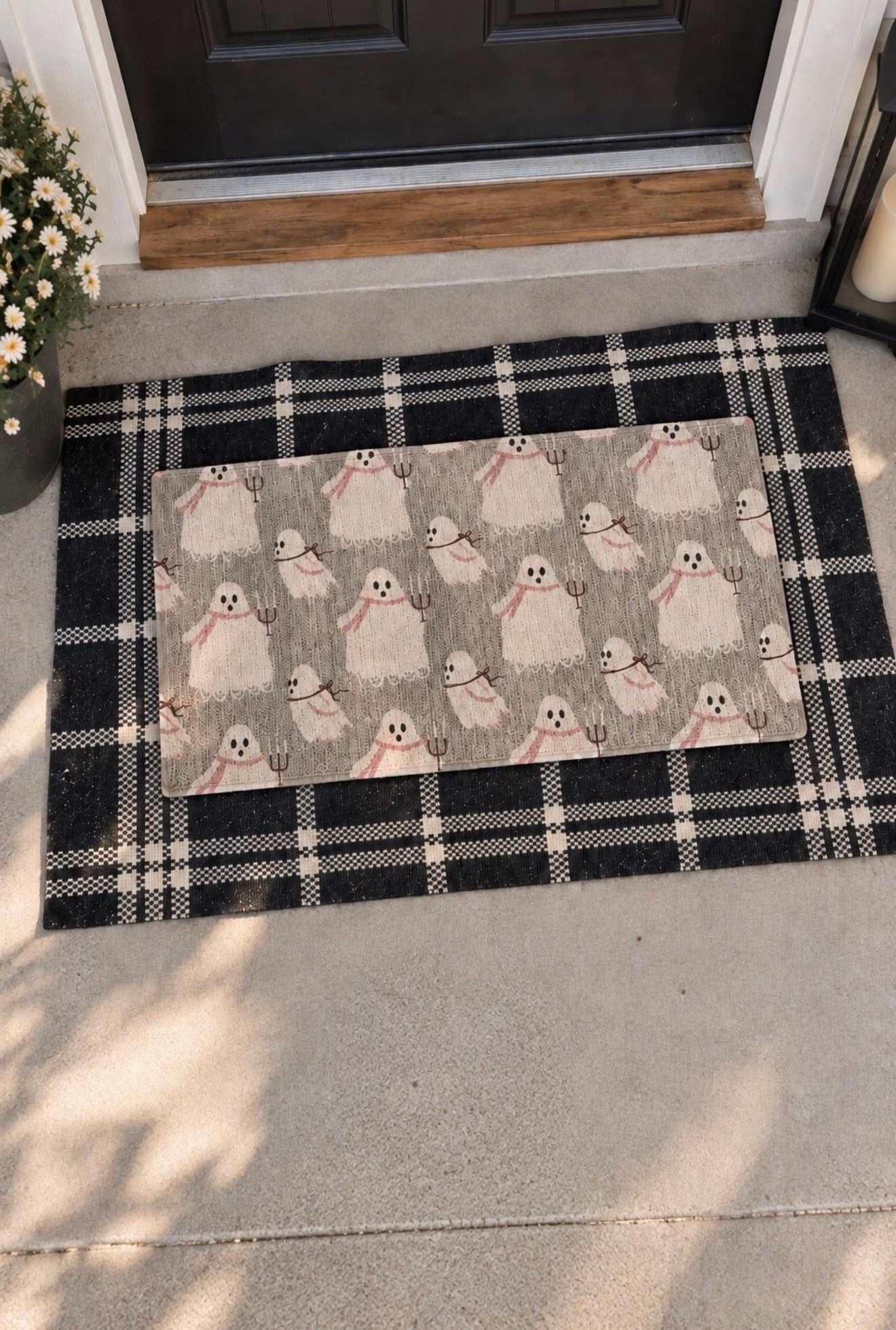 The cutest way to welcome spooky season 👻🖤 Layered these Target Halloween rugs for an easy front porch refresh—the neutral ghost mat looks so good over the oversized black-and-white plaid rug! Affordable, festive, and still fits my neutral décor style.

#TargetFinds #TargetHalloween #HalloweenDecor #FallFrontPorch #LayeredDoormat #FrontPorchDecor #NeutralHalloween #TargetHome

#LTKSaleAlert #LTKSeasonal #LTKHome