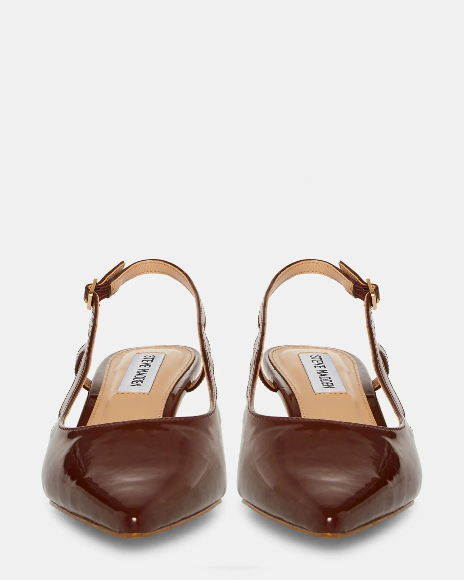 LEGACI Brown Patent Slingback Kitten Heel Pumps | Women's Designer Heels | Steve Madden (Canada)