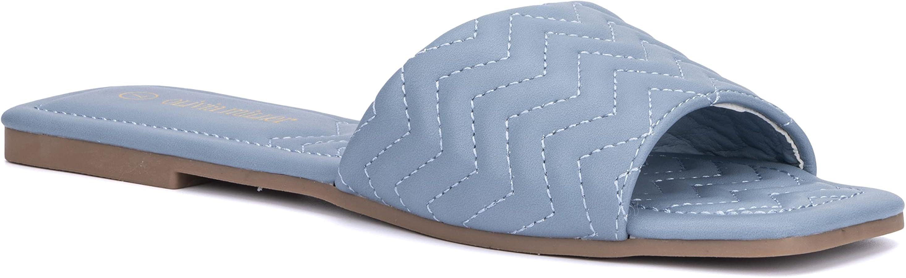 Olivia Miller Women’s Fashion Ladies Shoes, PU Leather Chevron Quilted Wide Strap Single Band S... | Amazon (US)