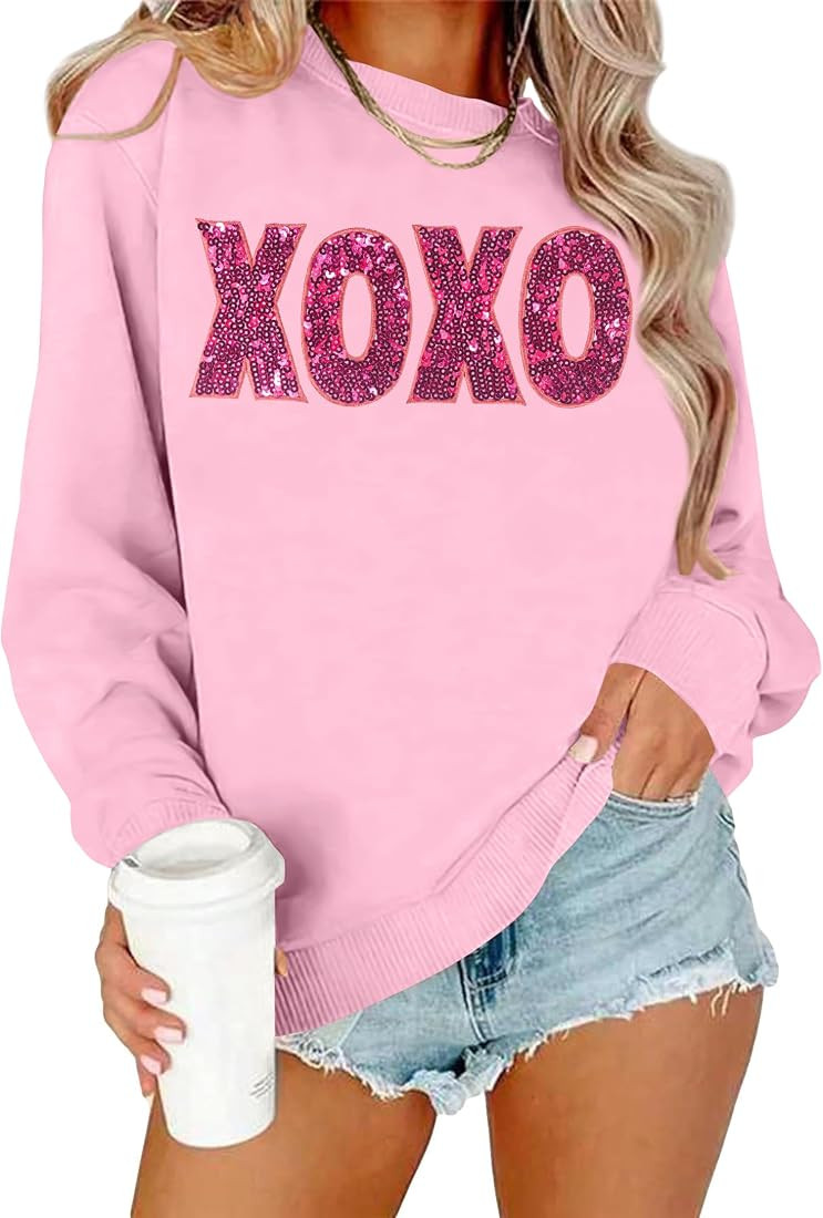 VVNTY Women Valentines Sweatshirt: Sparkly Valentines Letter Print Long Sleeve Shirts Valentine's... | Amazon (US)