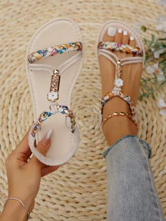 Women's Vintage Style Beaded Sandals, Flat Woven Casual Outdoor Slipper Valentines | SHEIN