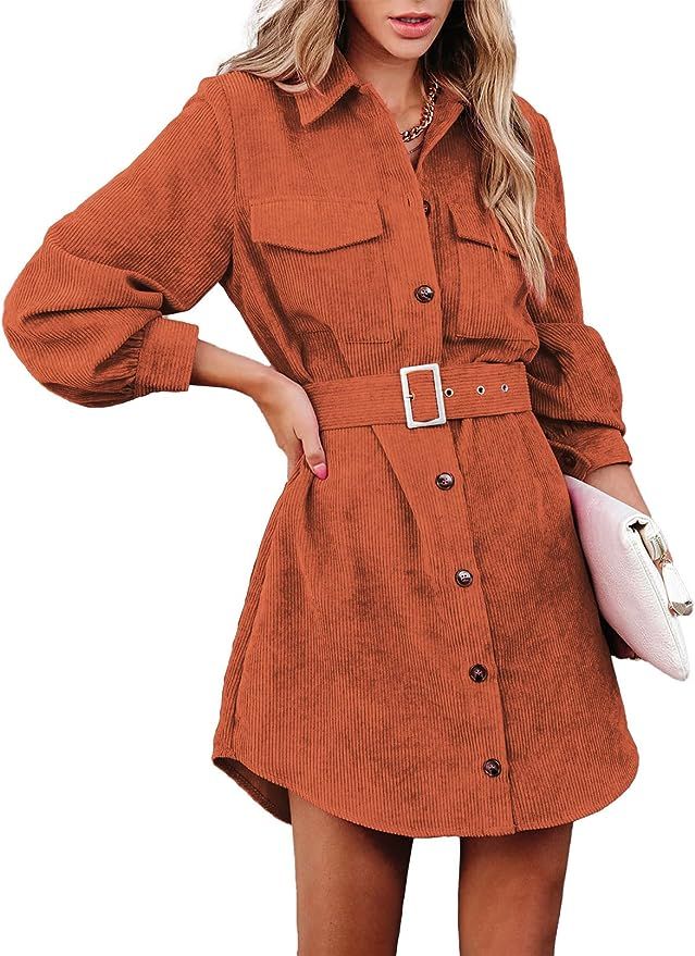 ARTFREE Women's Corduroy Button Down Dress Long Sleeve Lapel Belted Fall Winter Casual Jacket Shi... | Amazon (US)