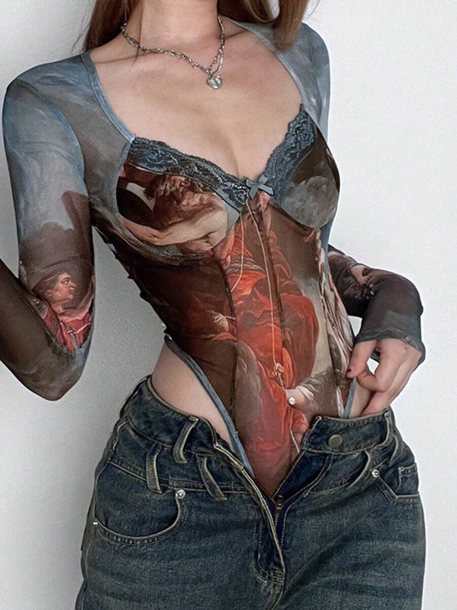 Women Sexy All Over Print Contrast Lace Figure Long Sleeve Jumpsuit | SHEIN