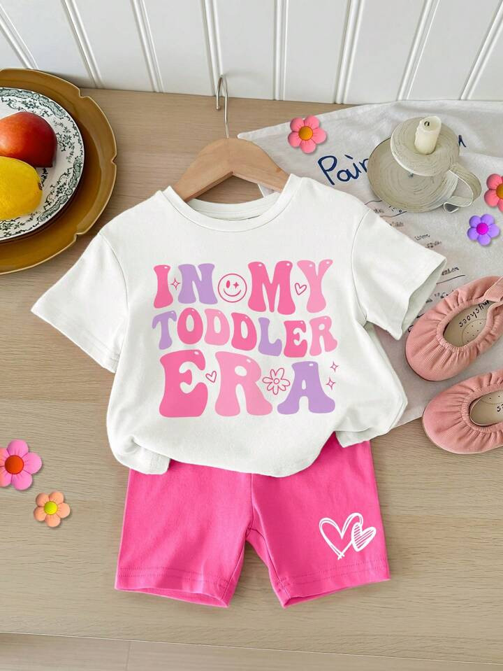 SHEIN Baby Girl Casual Simple English Printed Short Sleeve T-Shirt And Shorts Set, Suitable For S... | SHEIN