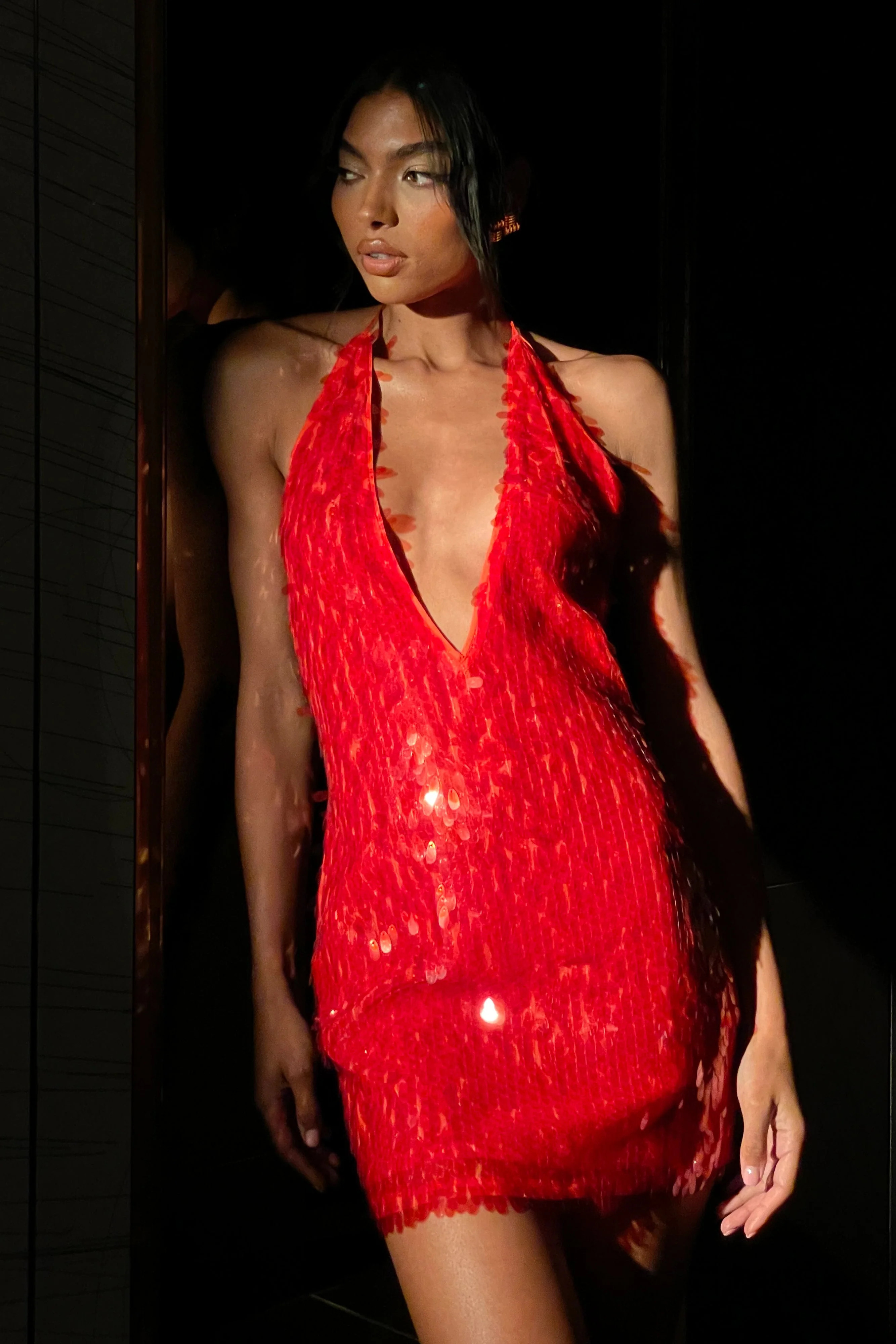 Primrose Sequin Halter Mini Dress - Firey Orange | MESHKI US
