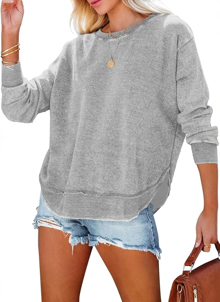 EVALESS Sweatshirt for Women Crewneck Long Sleeve Side Split Tops Casual Solid Color Loose Pullov... | Amazon (US)